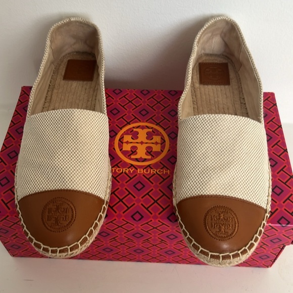 Tory Burch Color Block Canvas/Leather Espadrille Cream/Brown NWOT Size 9.5 - Picture 2 of 10